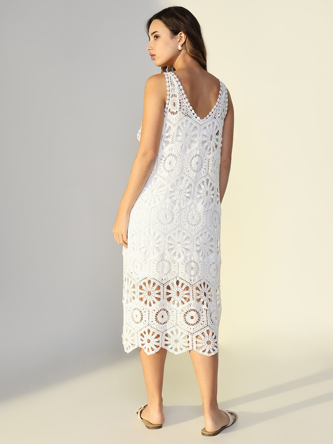 Women's Crochet White Cut Out V-Neck Midi Dress