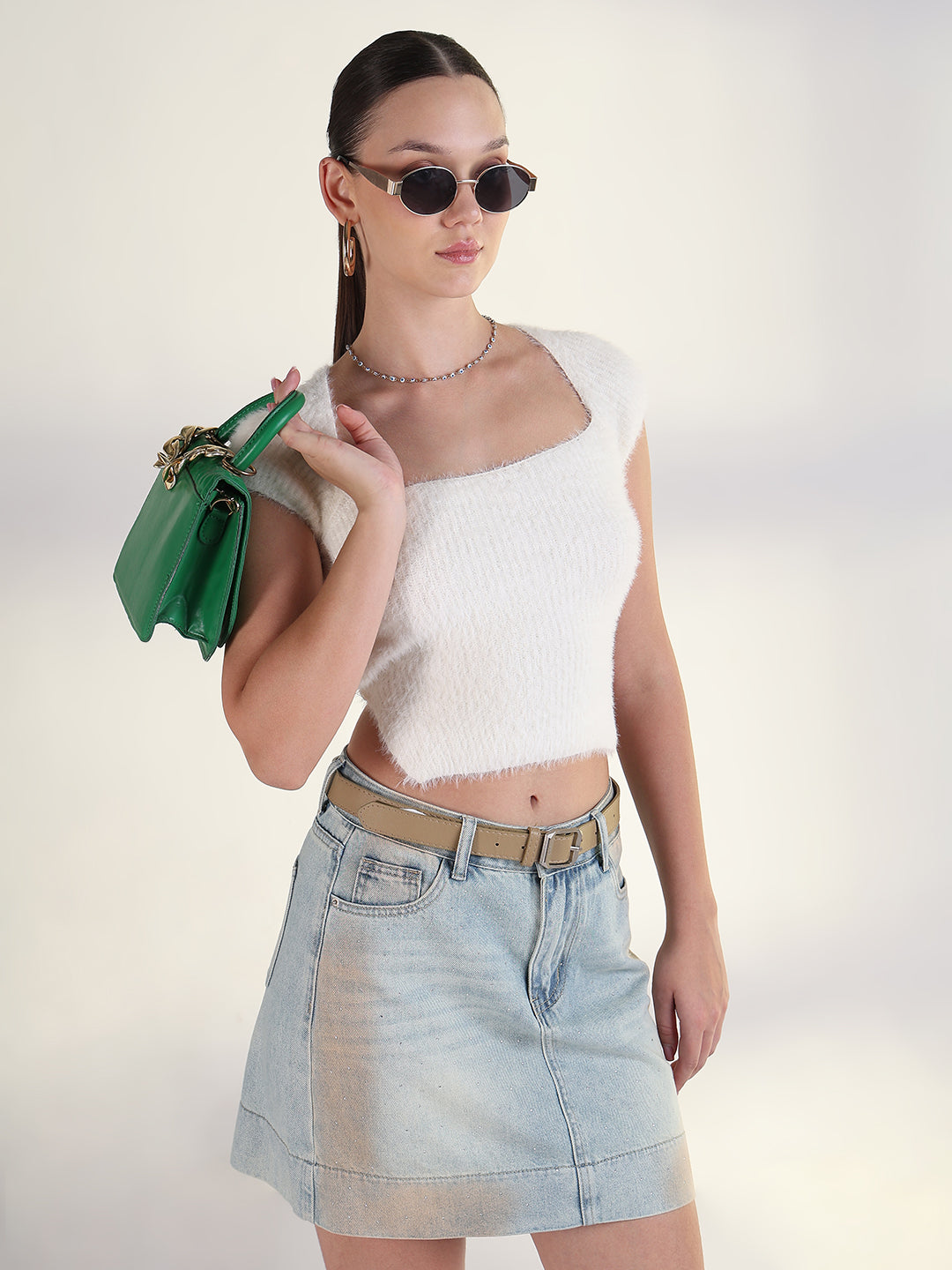 Women's Off White Square Neck Solid Crop Top