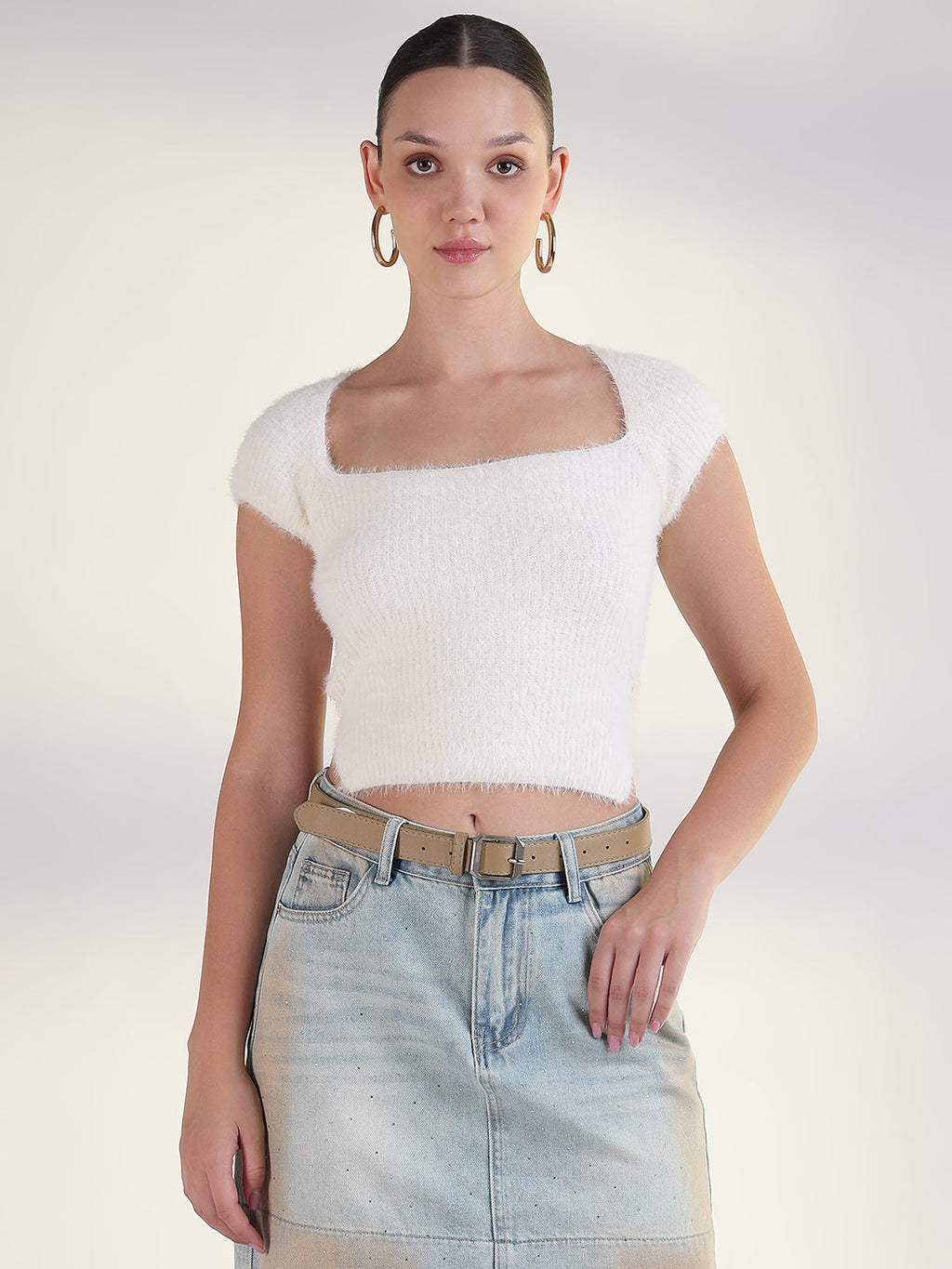 Women's Off White Square Neck Solid Crop Top