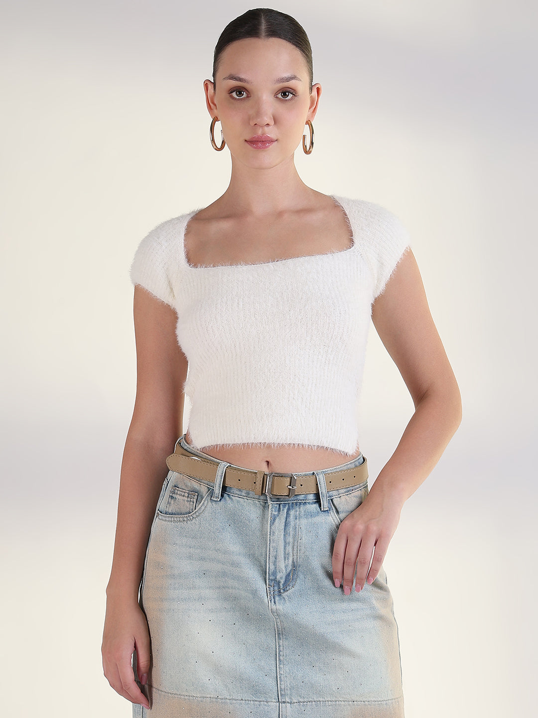 Women's Off White Square Neck Solid Crop Top