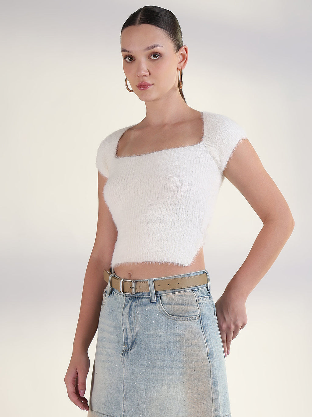 Women's Off White Square Neck Solid Crop Top