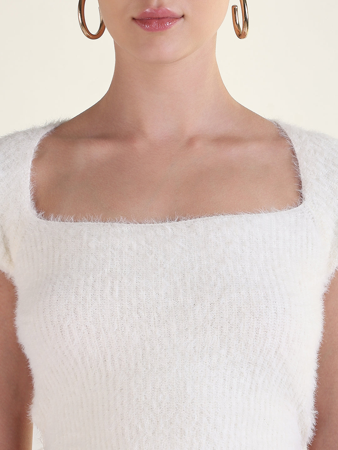 Women's Off White Square Neck Solid Crop Top