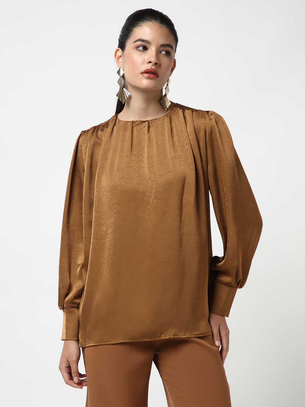 Women's Brown Round Neck Self Design Long Cuffed Sleeves Top