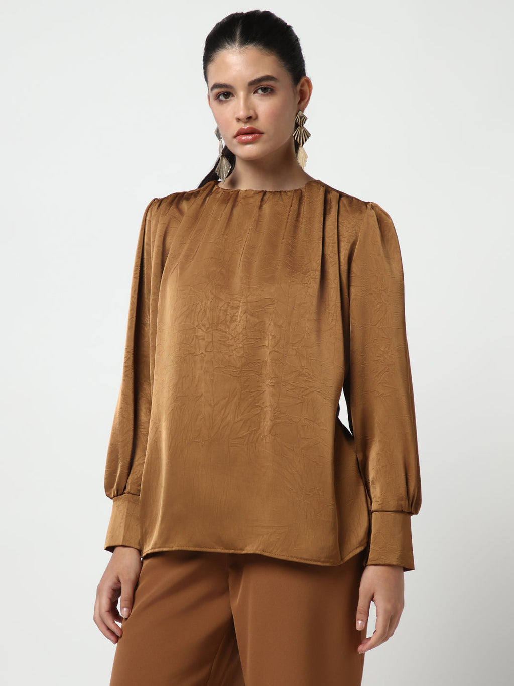 Women's Brown Round Neck Self Design Long Cuffed Sleeves Top