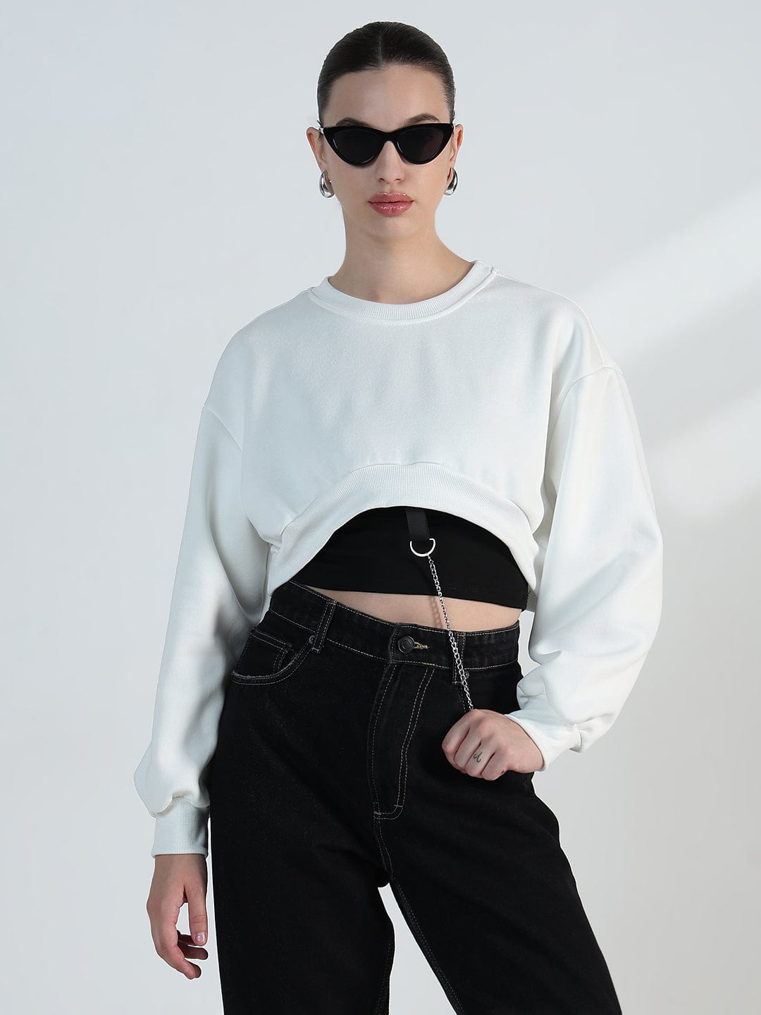Women's White Crop Sweatshirt with Chain Detail