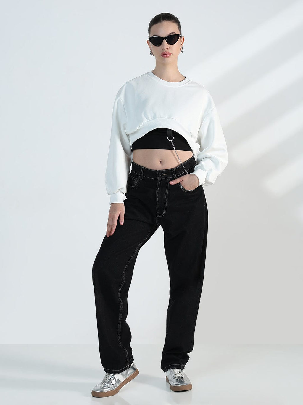 Women's White Crop Sweatshirt with Chain Detail