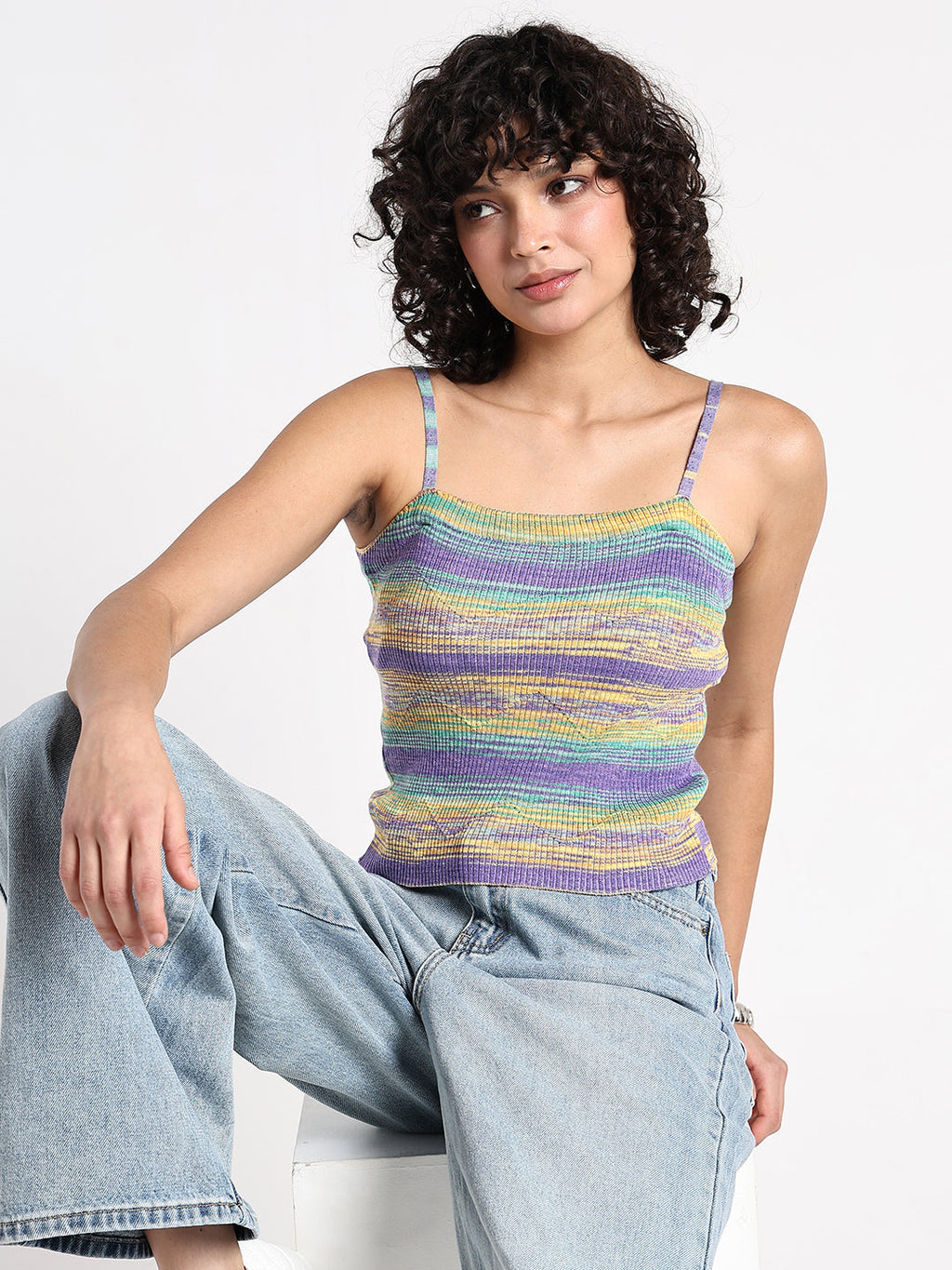 Women's Multicolour Striped Knit Spaghetti Strap Top