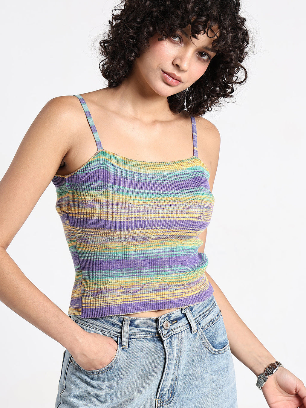 Women's Multicolour Striped Knit Spaghetti Strap Top