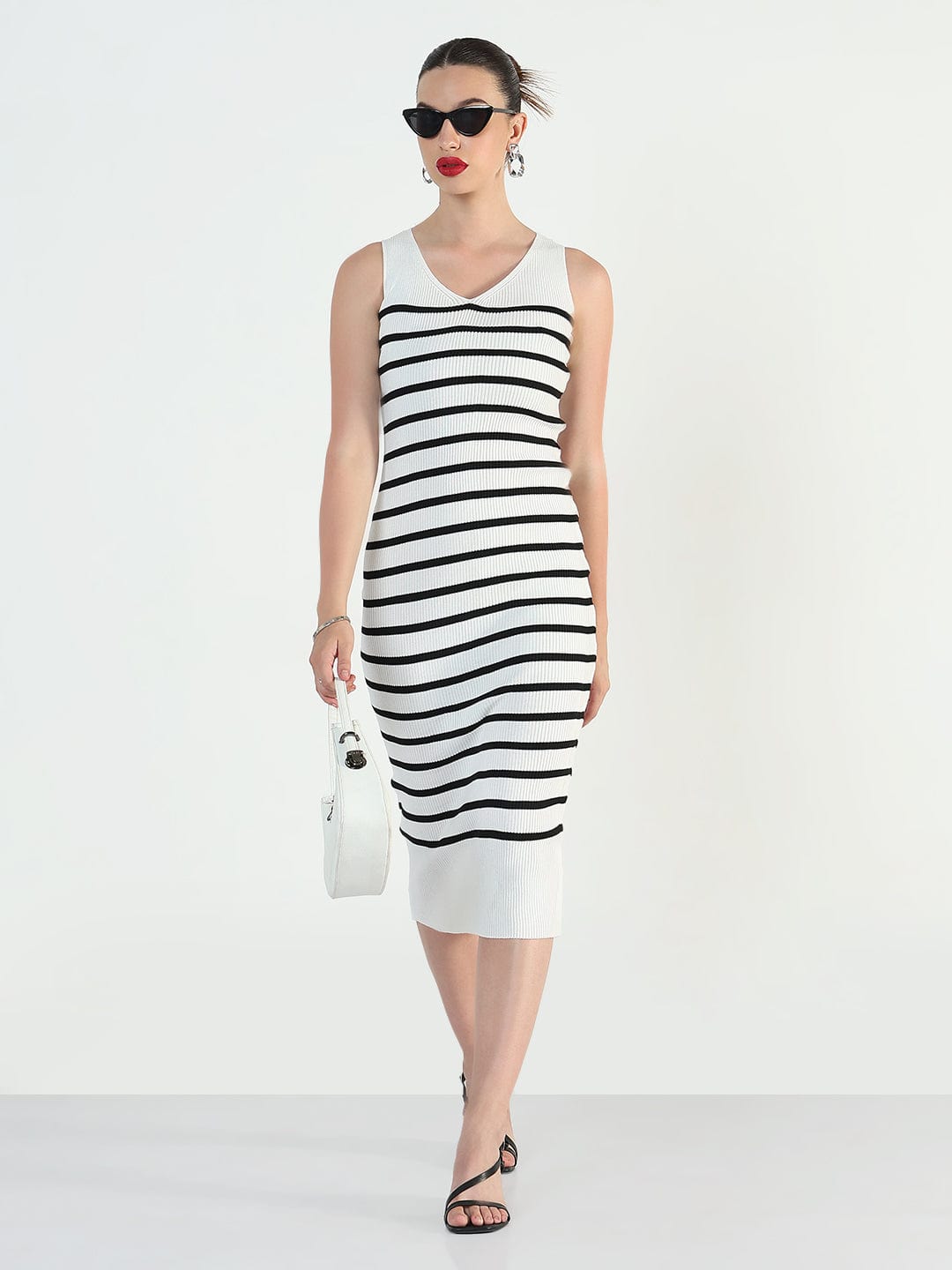 Women's Ribbed Striped Sleeveless White Bodycon Dresses