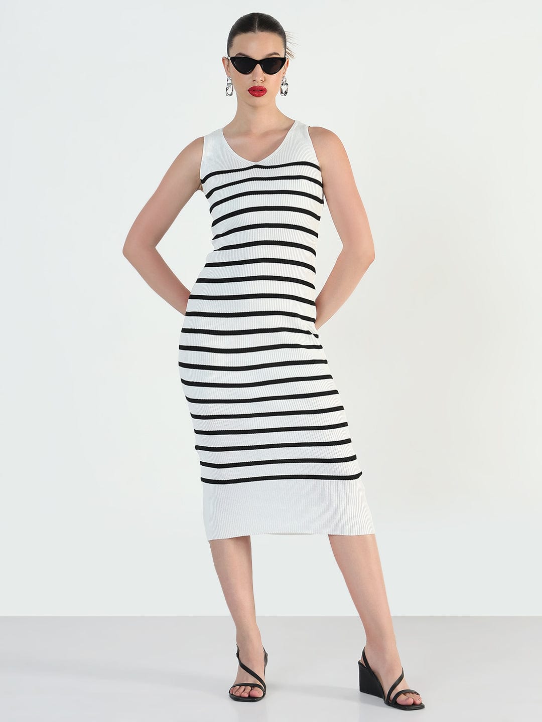 Women's Ribbed Striped Sleeveless White Bodycon Dresses