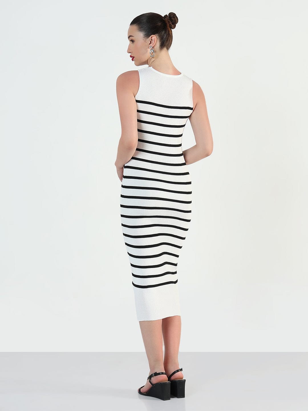 Women's Ribbed Striped Sleeveless White Bodycon Dresses