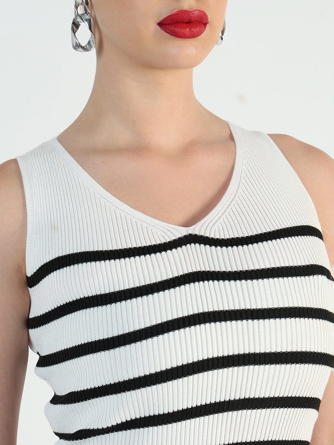 Women's Ribbed Striped Sleeveless White Bodycon Dresses