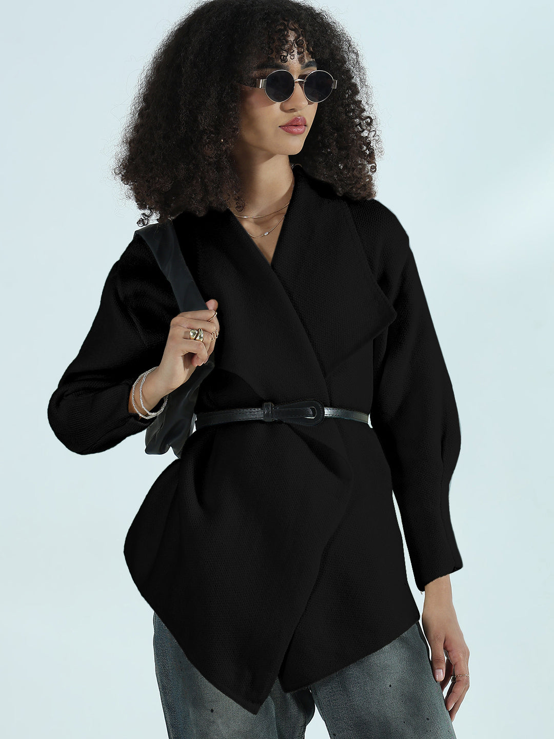 Women's Black Textured Knit Wrap Cardigan Top with Belt