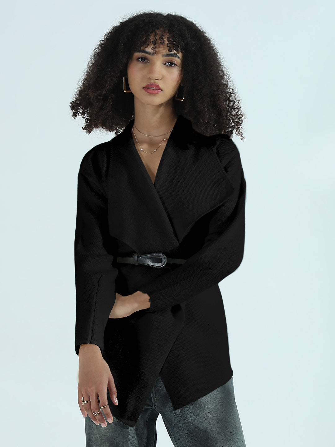 Women's Black Textured Knit Wrap Cardigan Top with Belt