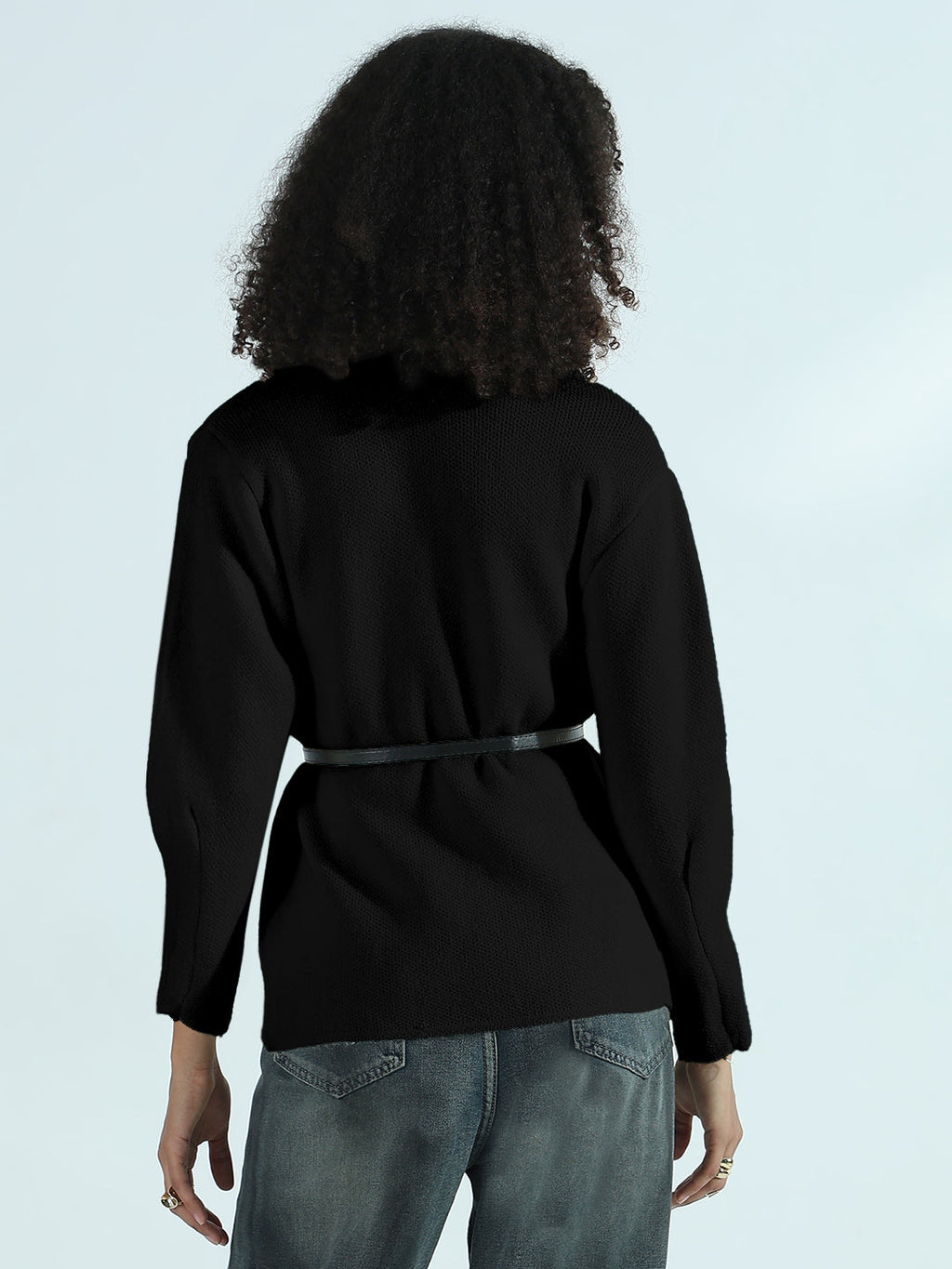 Women's Black Textured Knit Wrap Cardigan Top with Belt