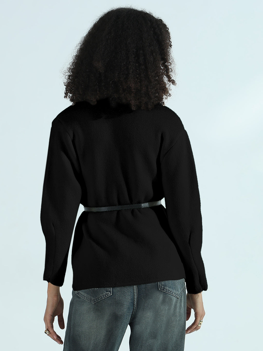 Women's Black Textured Knit Wrap Cardigan Top with Belt