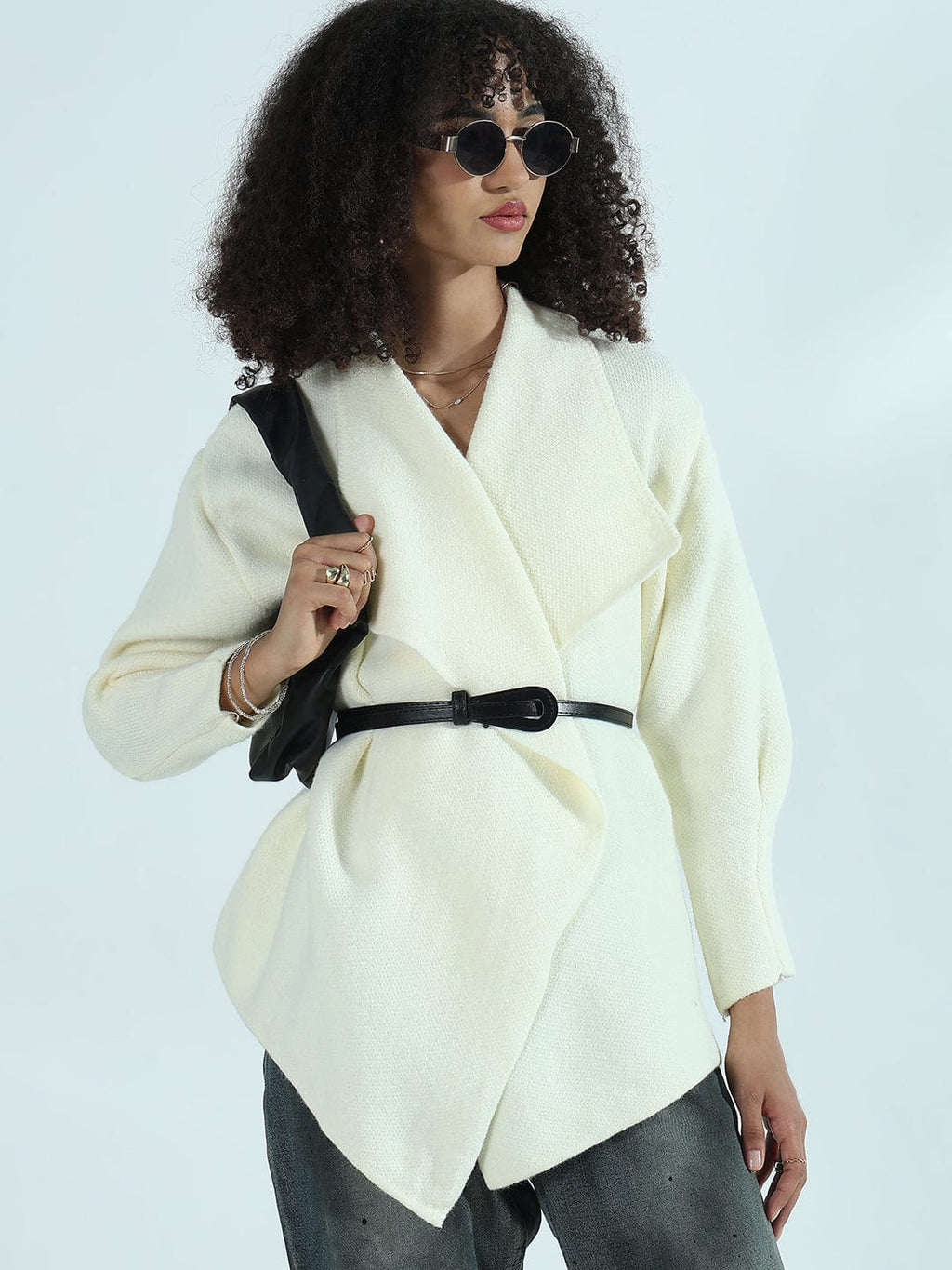 Women's Cream Textured Knit Wrap Cardigan Top with Belt