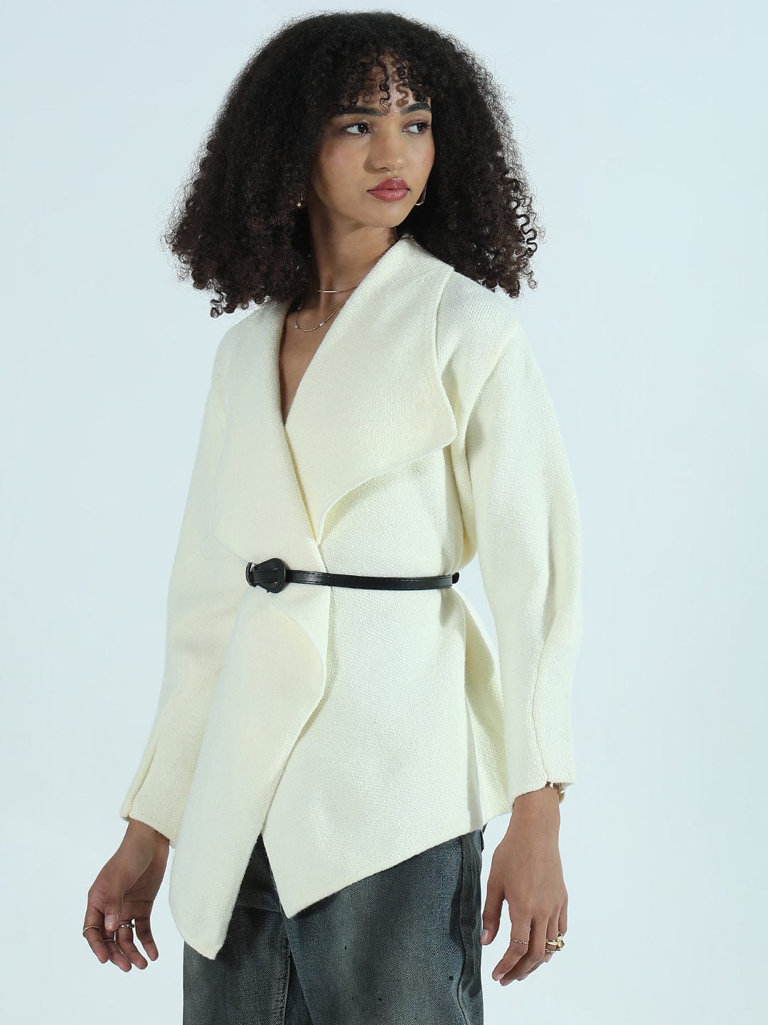 Women's Cream Textured Knit Wrap Cardigan Top with Belt