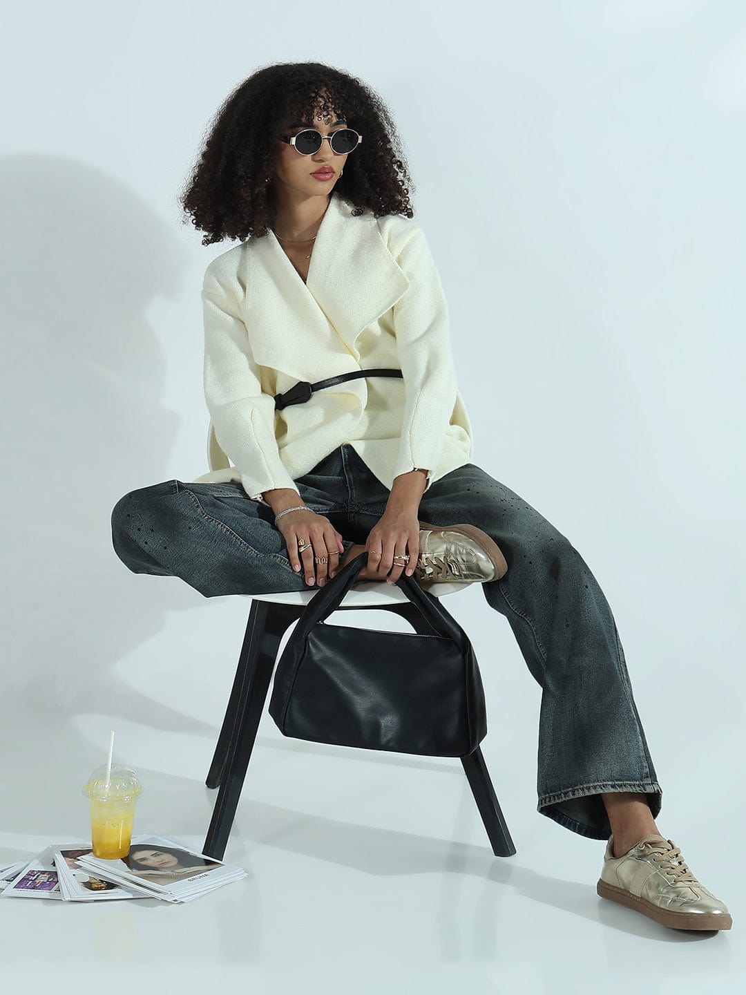 Women's Cream Textured Knit Wrap Cardigan Top with Belt