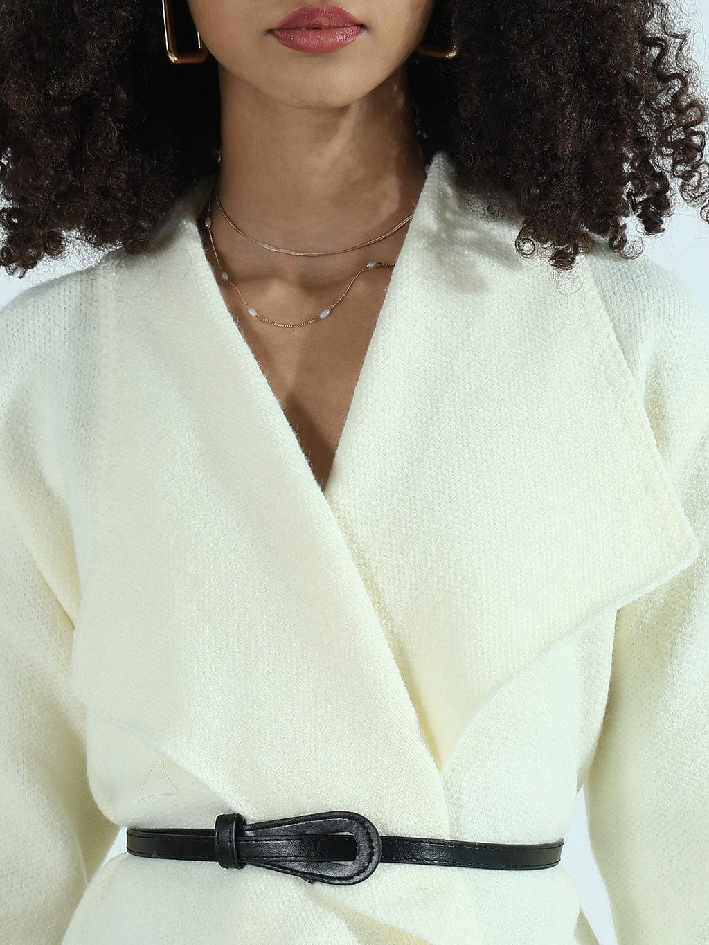 Women's Cream Textured Knit Wrap Cardigan Top with Belt