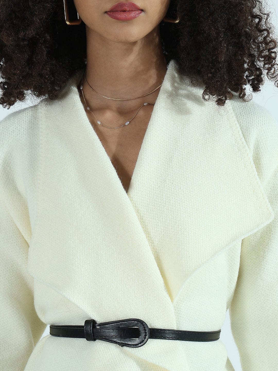 Women's Cream Textured Knit Wrap Cardigan Top with Belt