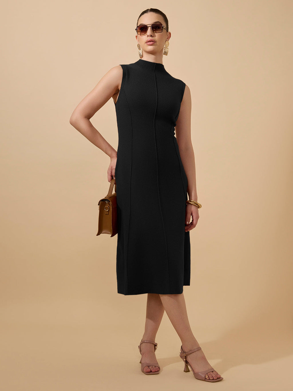 Women's Textured Black High Neck Sleeveless A-Line Midi Dress