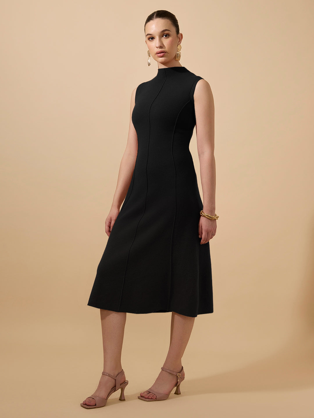 Women's Textured Black High Neck Sleeveless A-Line Midi Dress