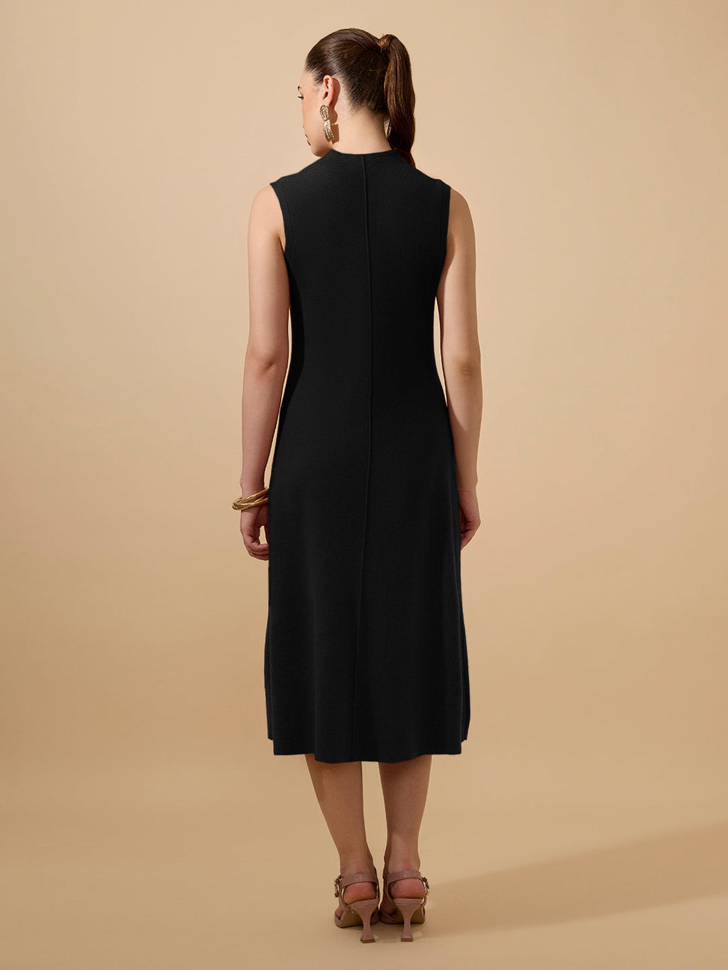 Women's Textured Black High Neck Sleeveless A-Line Midi Dress