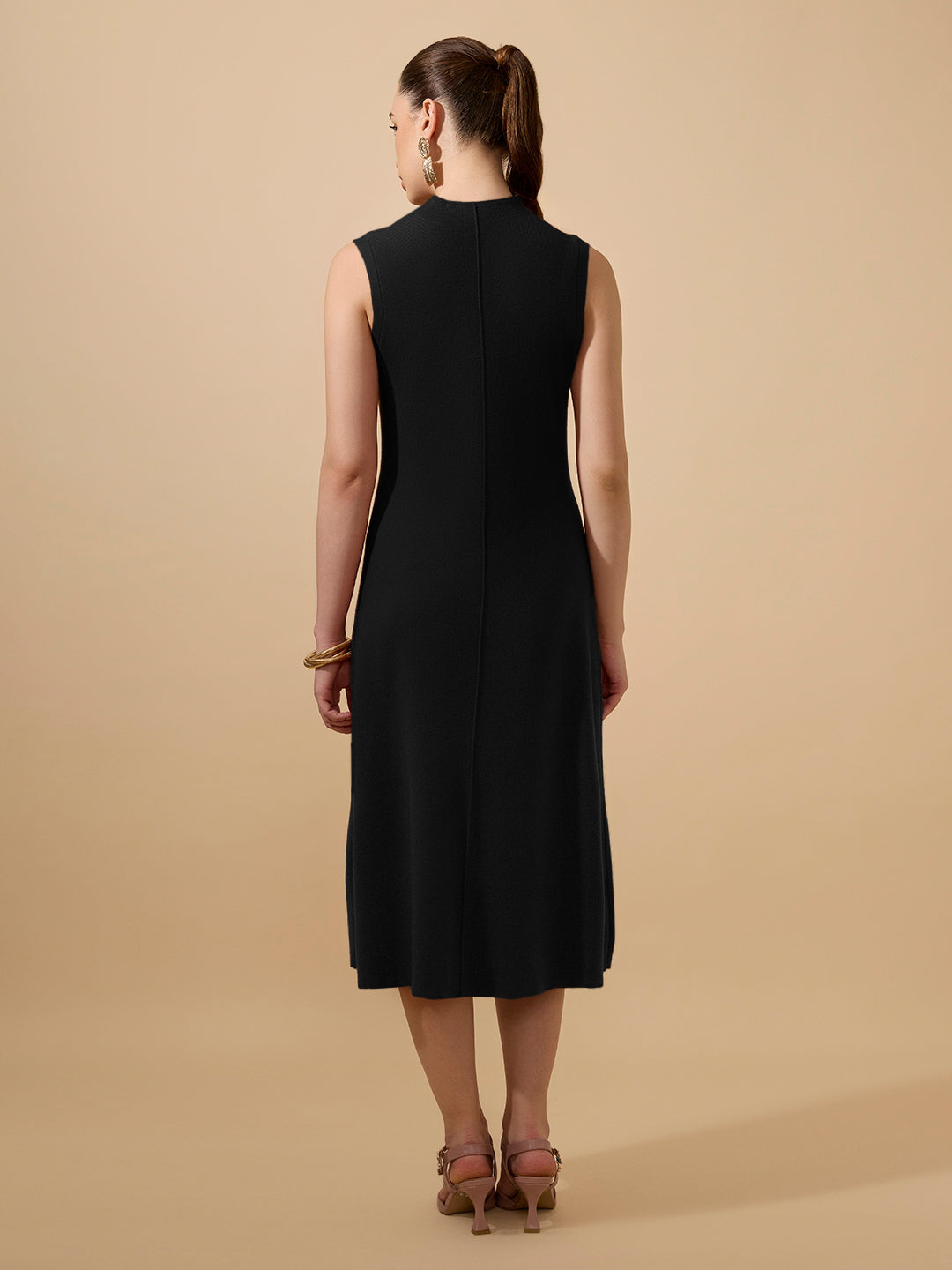 Women's Textured Black High Neck Sleeveless A-Line Midi Dress