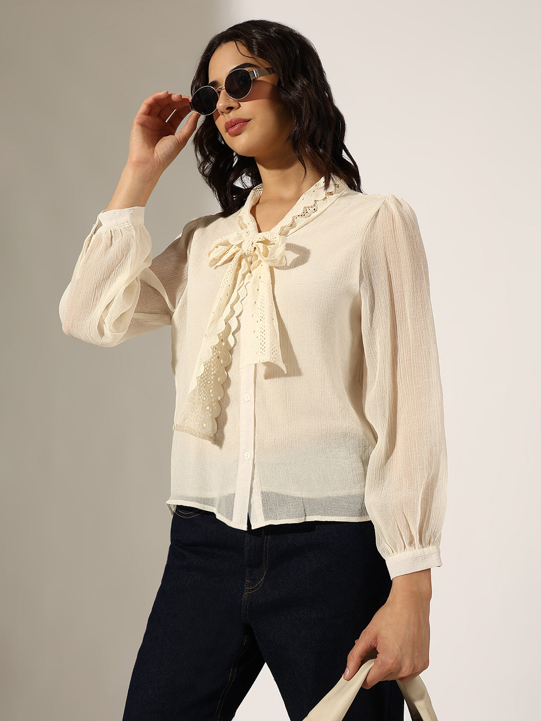 Women's Cream Tie-Up Neck Top