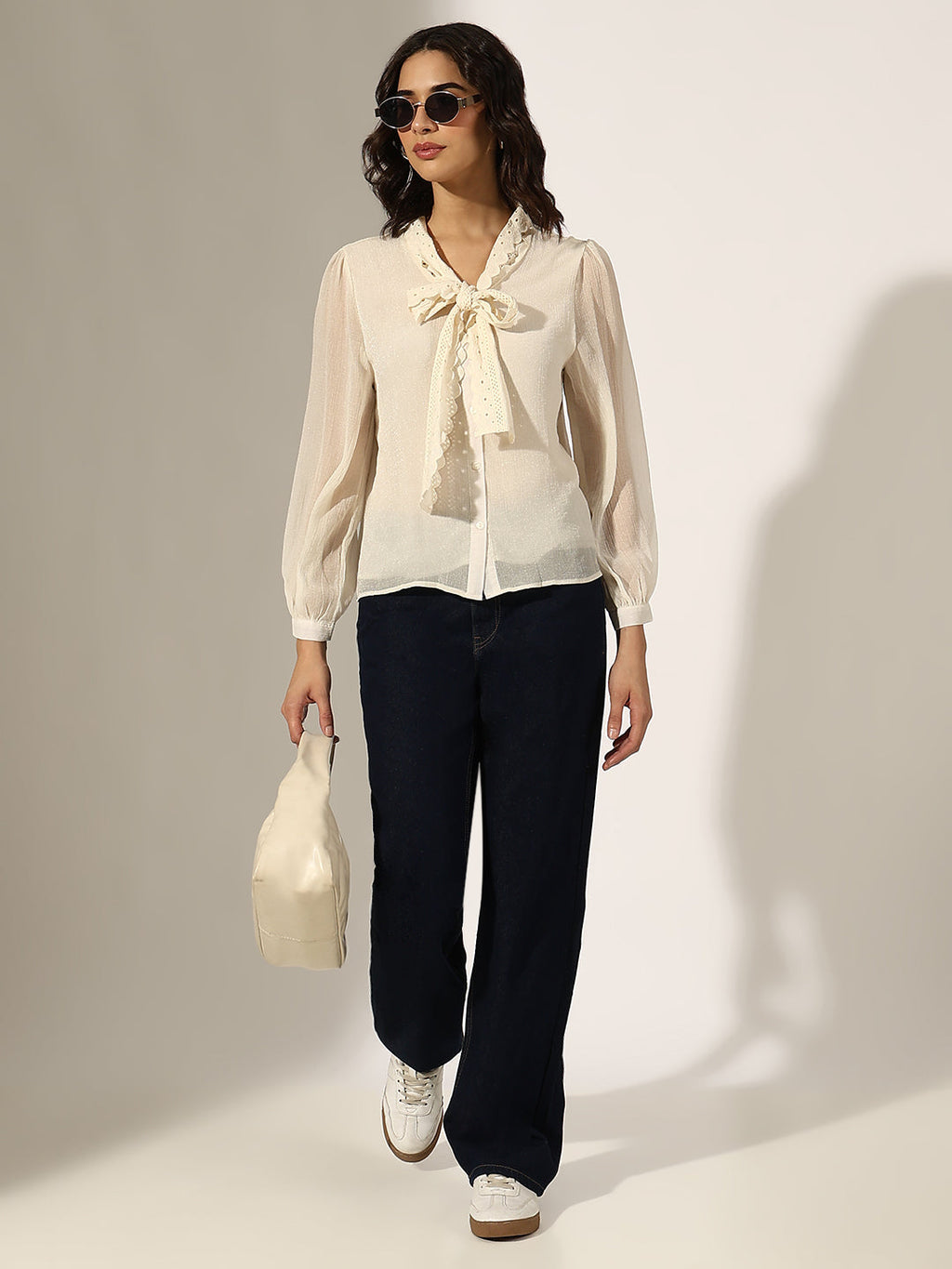 Women's Cream Tie-Up Neck Top