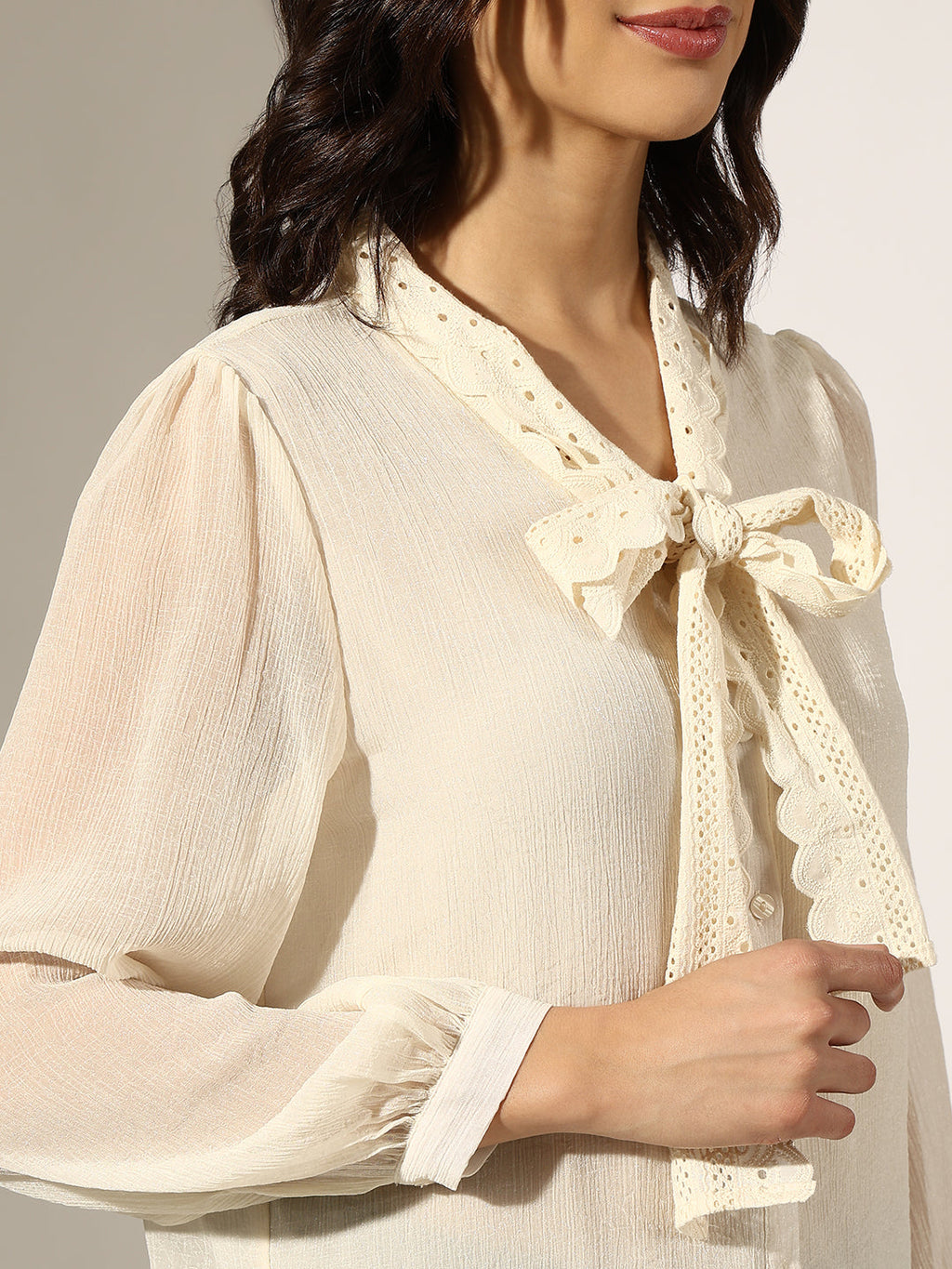 Women's Cream Tie-Up Neck Top