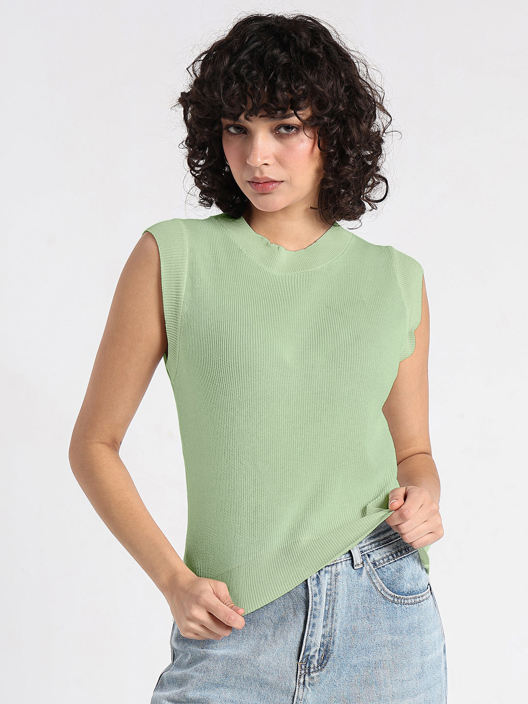 Women's Green Ribbed Sleeveless Top