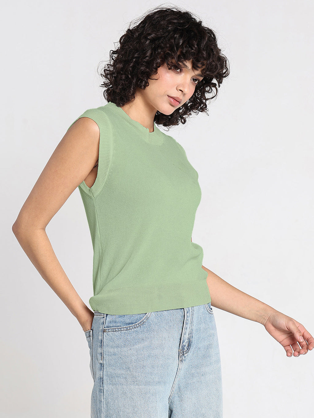 Women's Green Ribbed Sleeveless Top