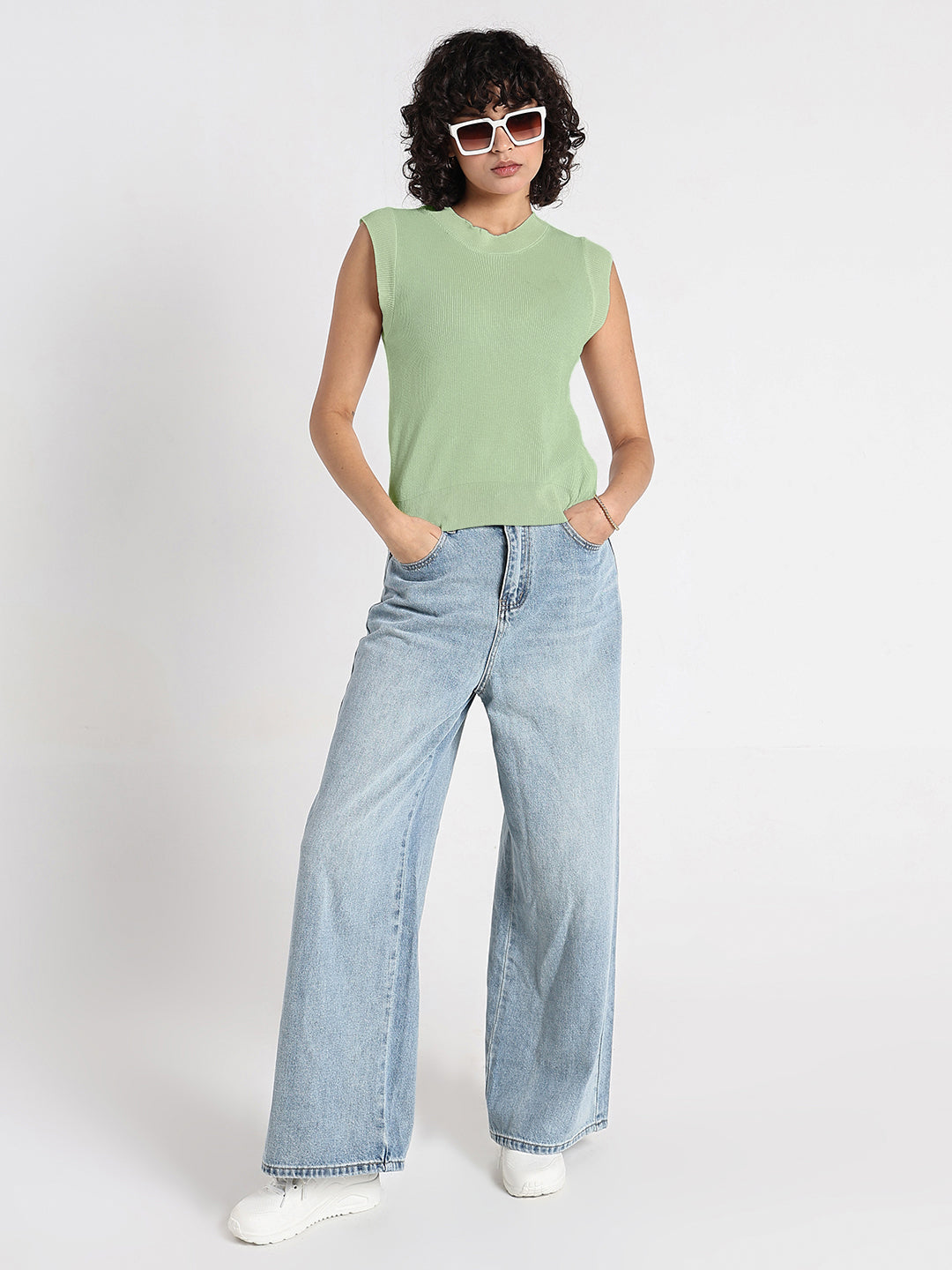 Women's Green Ribbed Sleeveless Top