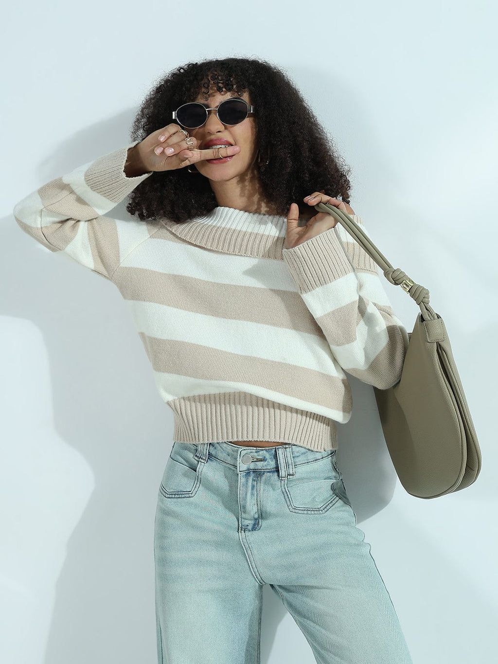 Women's Beige & White Striped Off-Shoulder Knit Sweater Top