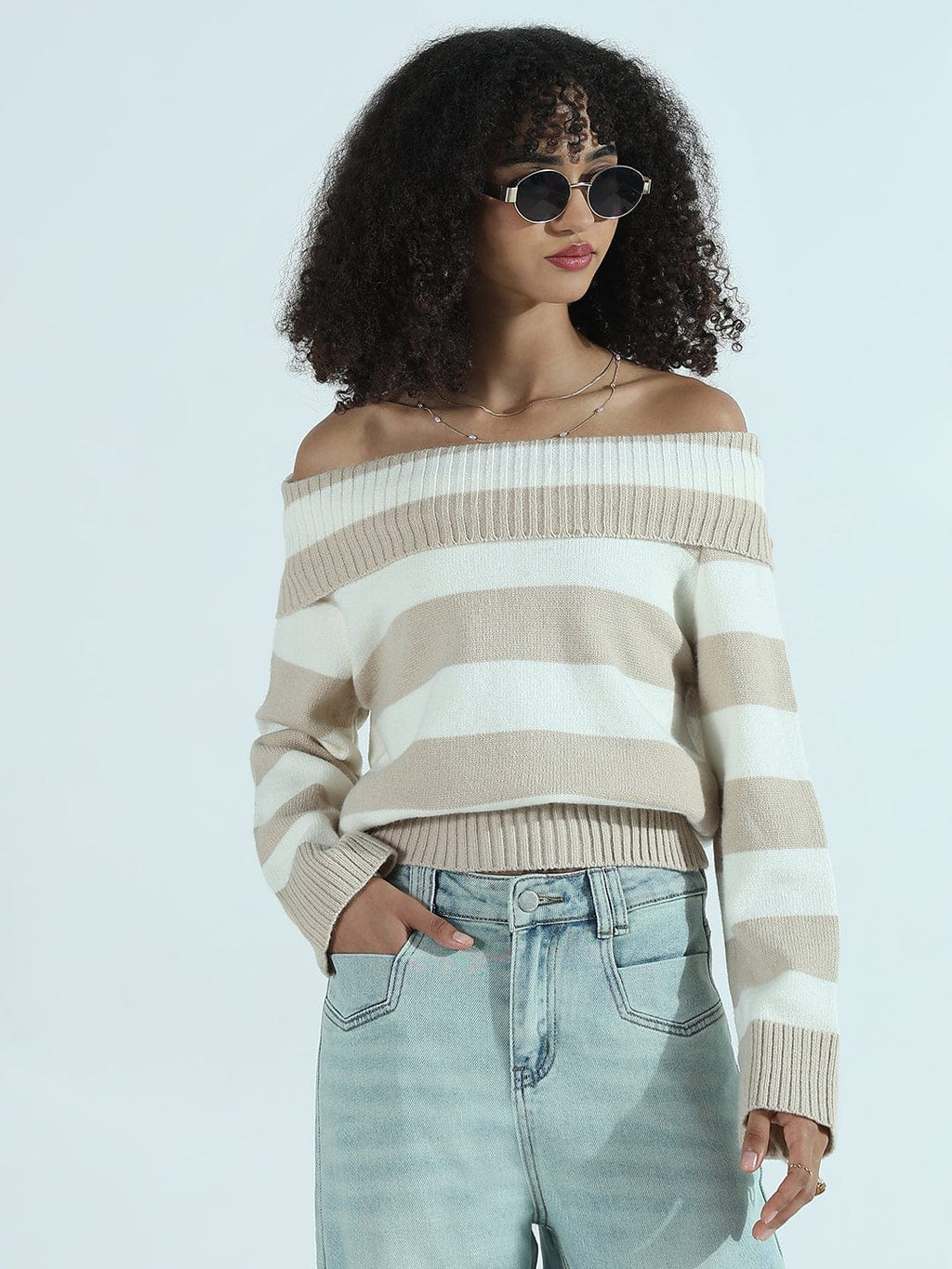 Women's Beige & White Striped Off-Shoulder Knit Sweater Top