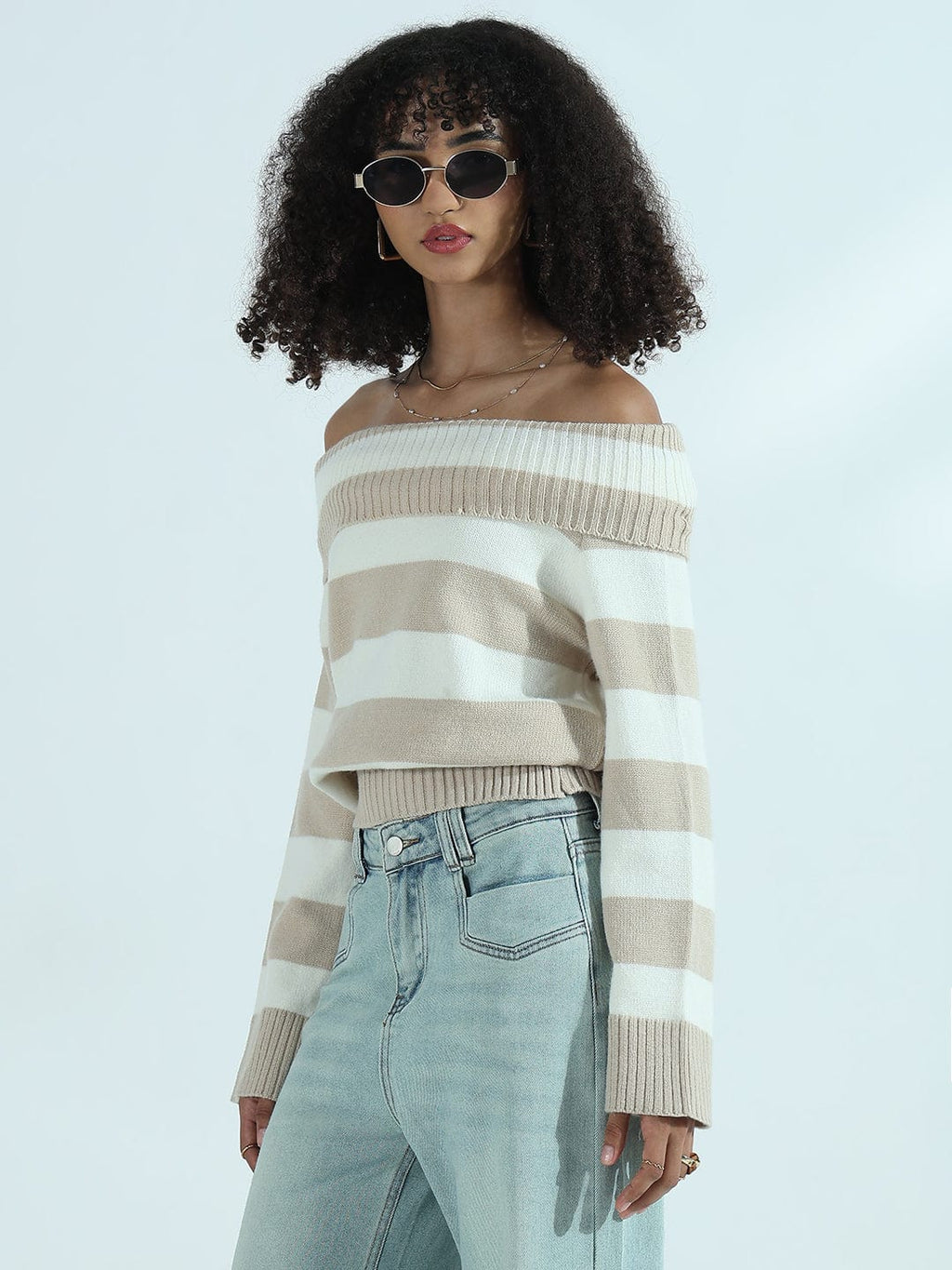Women's Beige & White Striped Off-Shoulder Knit Sweater Top