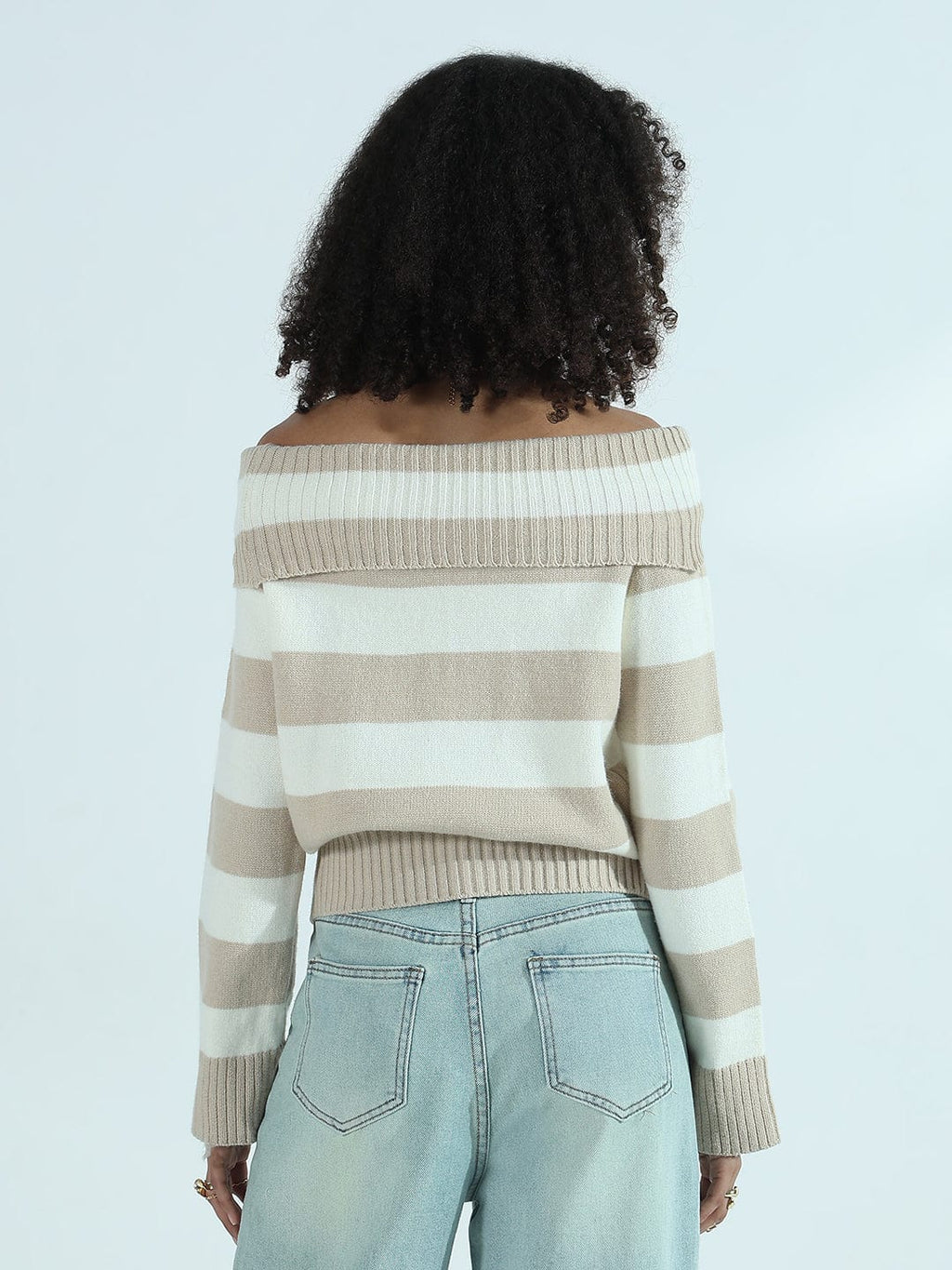 Women's Beige & White Striped Off-Shoulder Knit Sweater Top