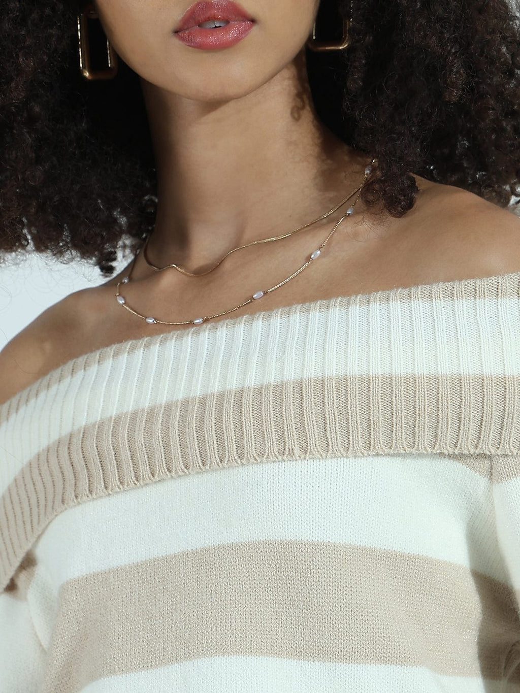 Women's Beige & White Striped Off-Shoulder Knit Sweater Top