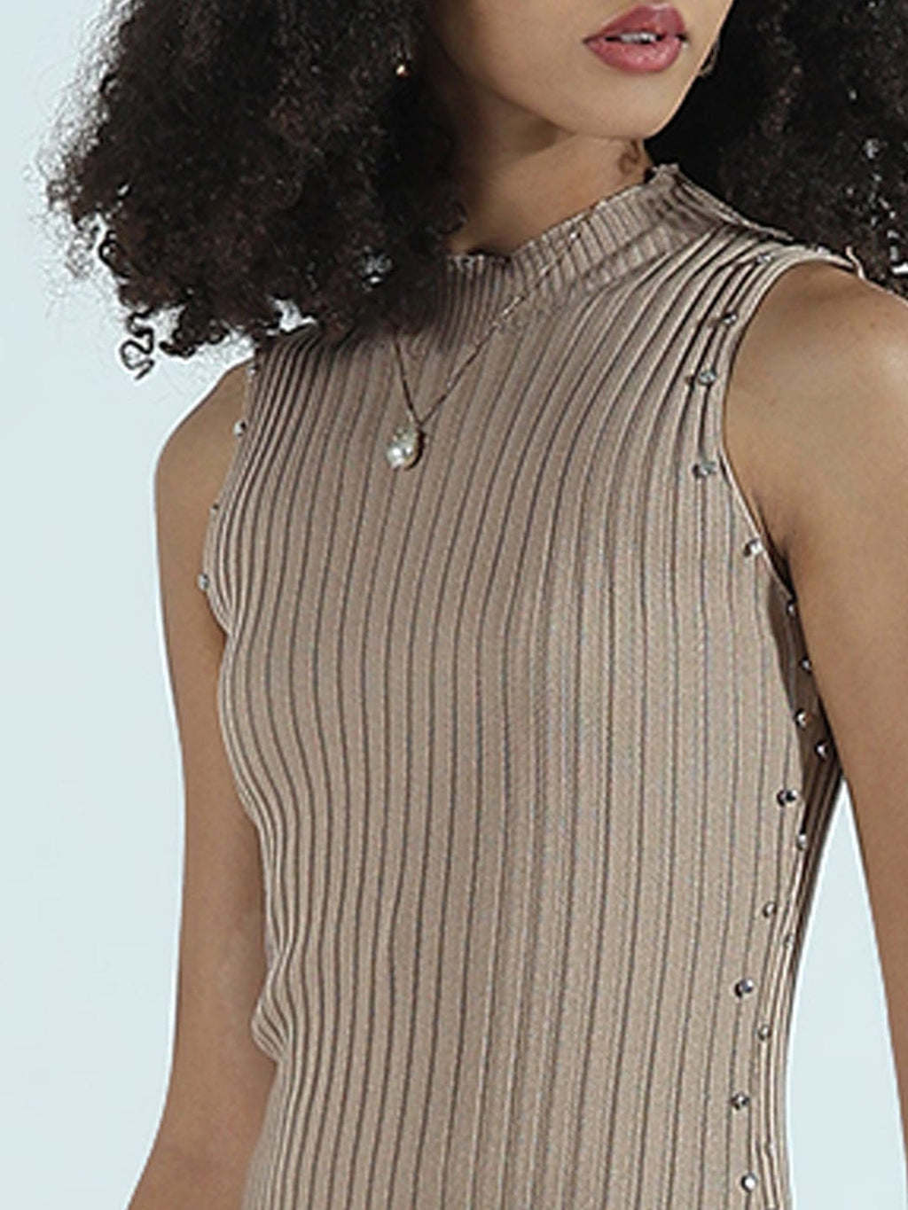 Women's Ribbed Beige High Neck Bodycon Midi Dress with Studs