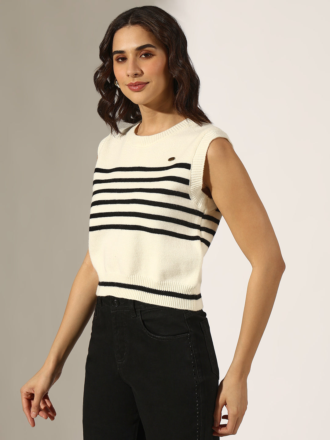 Women's Striped White and Black Sleeveless Knit Top