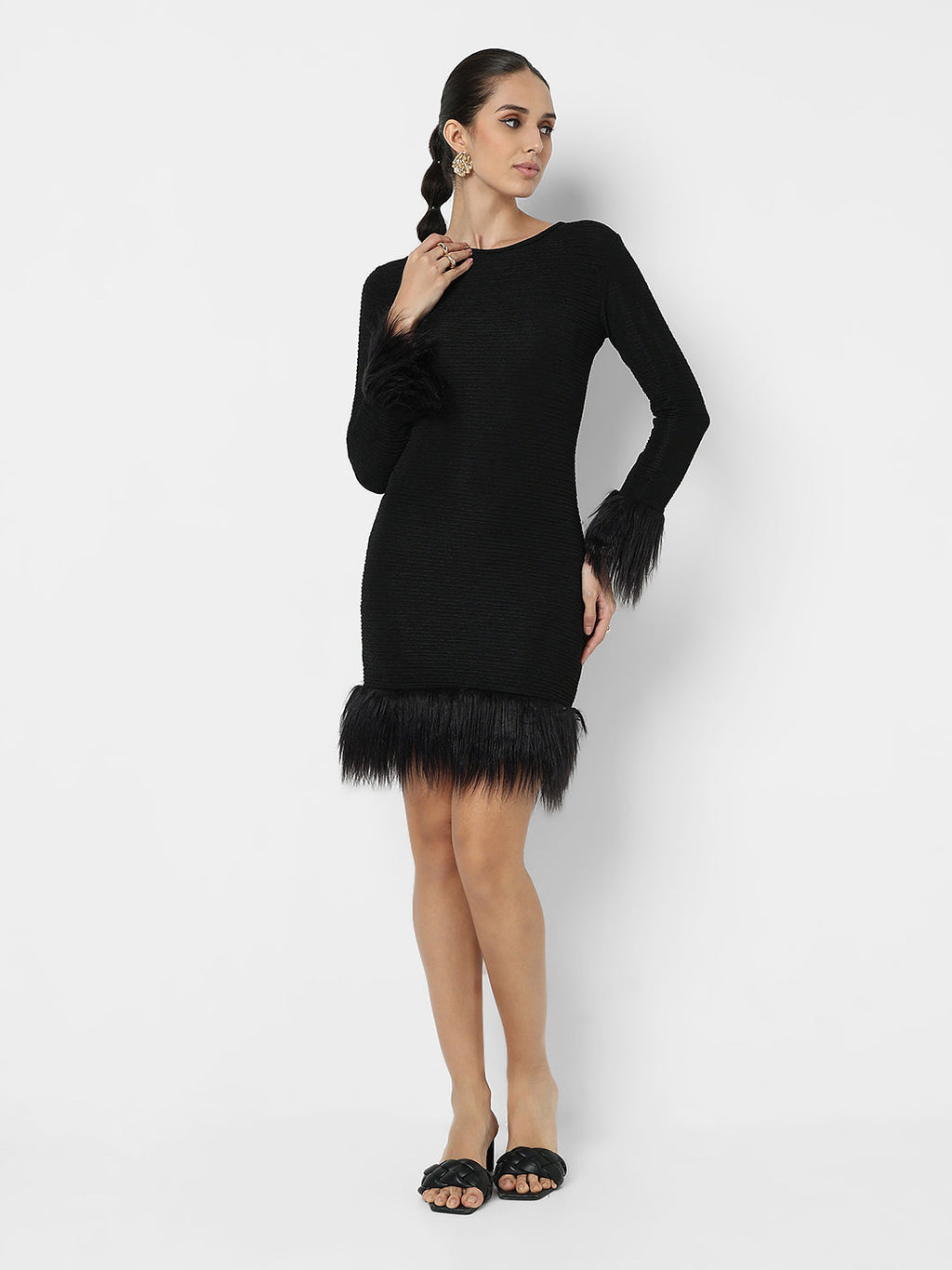 Women's Black Bodycon Mini Dress with Fur Cuff & Hem