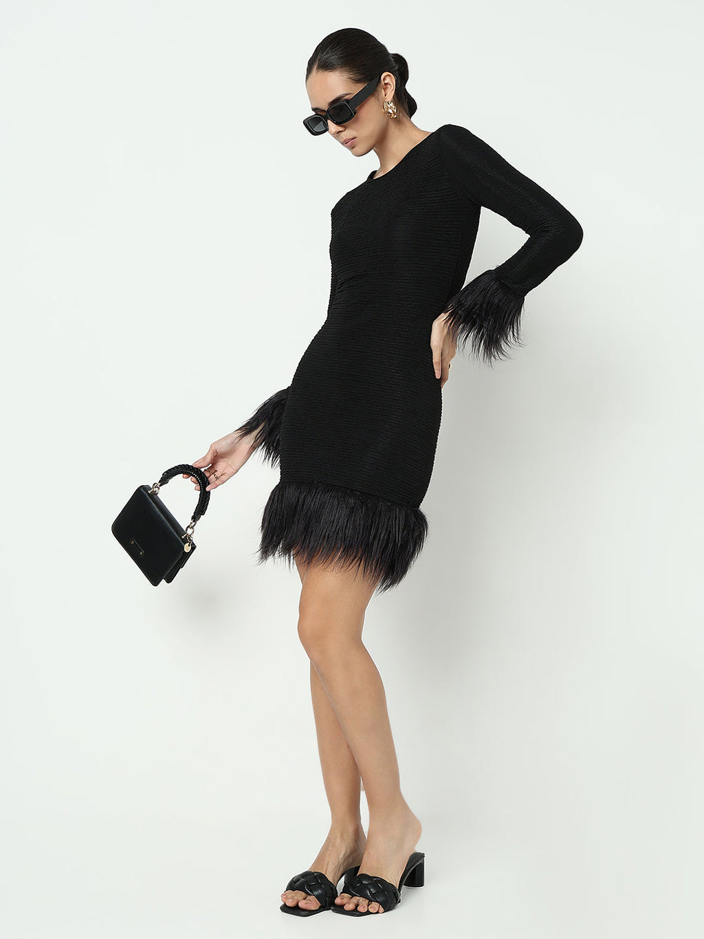 Women's Black Bodycon Mini Dress with Fur Cuff & Hem
