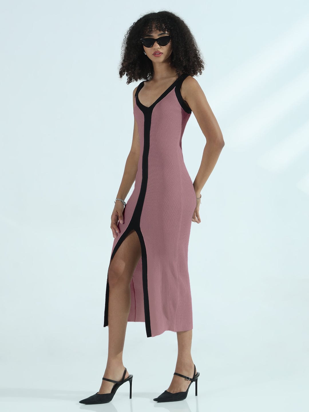 Women's Ribbed Mauve V-Neck Dress with Front Slit