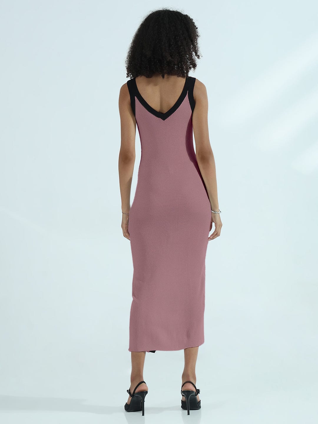 Women's Ribbed Mauve V-Neck Dress with Front Slit