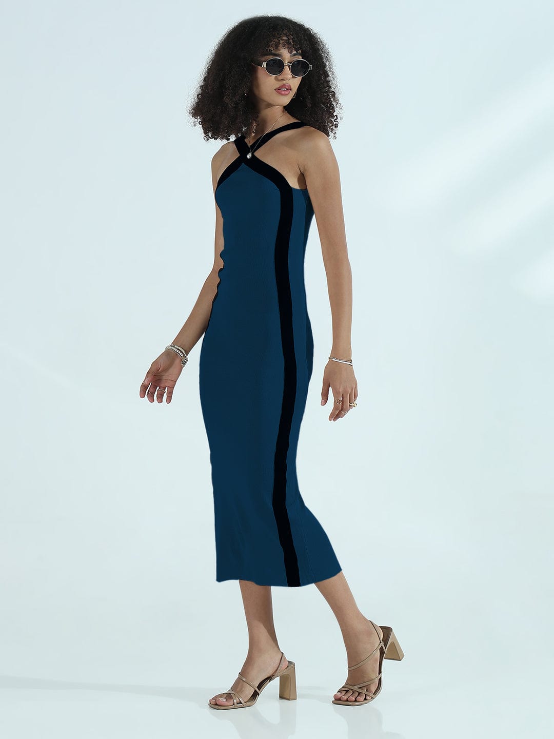 Women's Ribbed Teal Halter Neck Bodycon Dress with Black Stripes