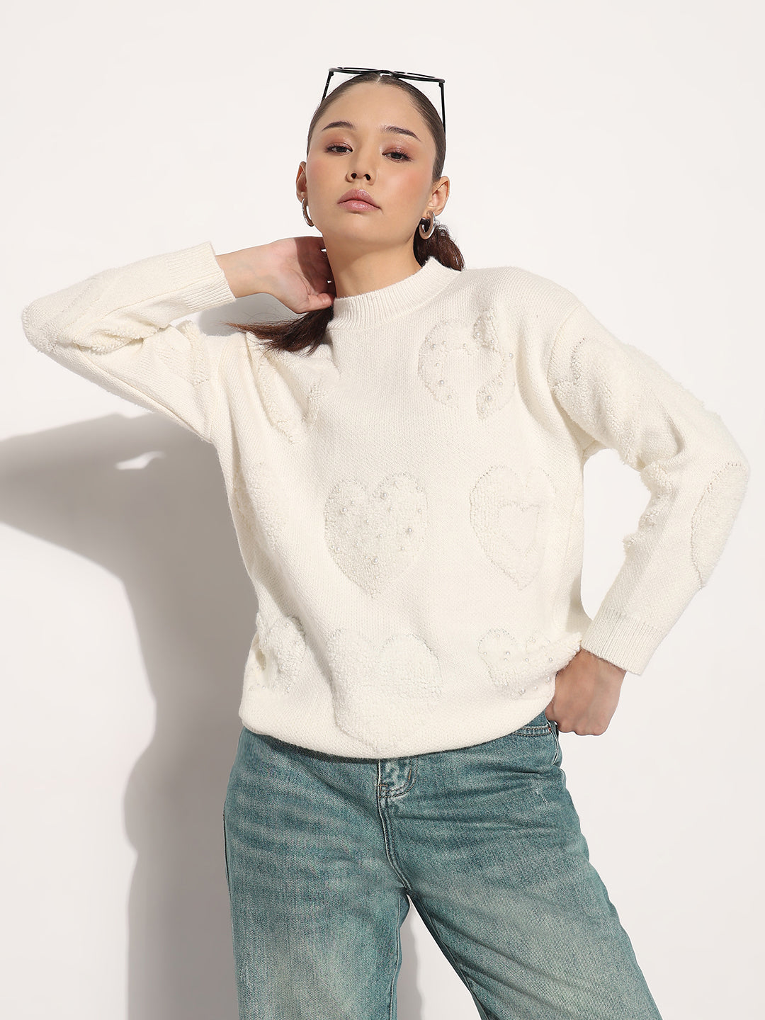 Women's Embellished Off White Pullover Top with Textured Heart Design