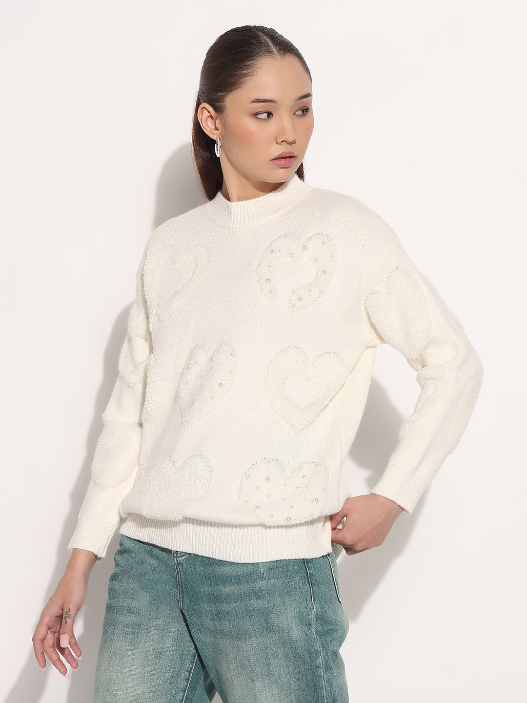 Women's Embellished Off White Pullover Top with Textured Heart Design