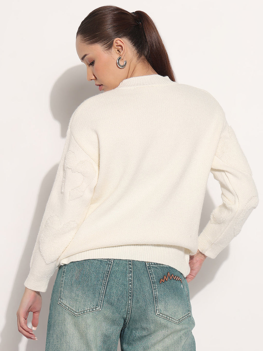 Women's Embellished Off White Pullover Top with Textured Heart Design